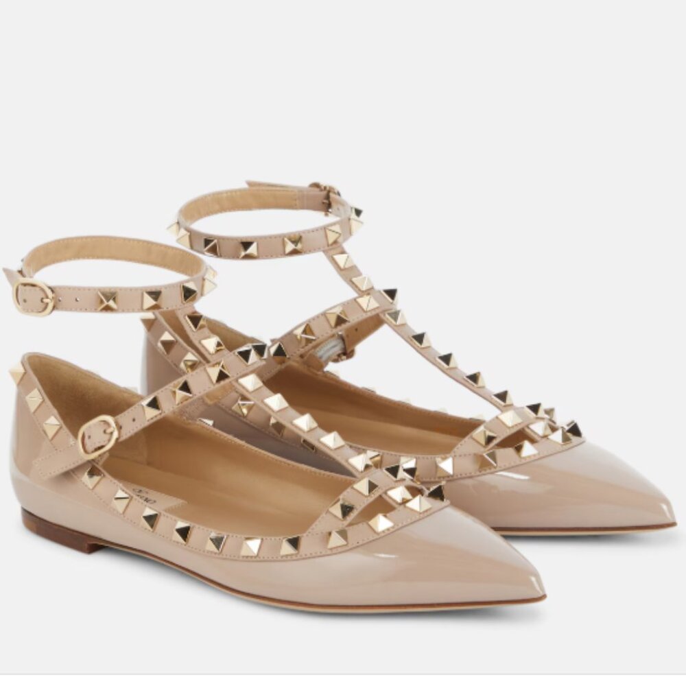 Valentino Garavani Rockstud patent leather ballet flats Tan Size 38